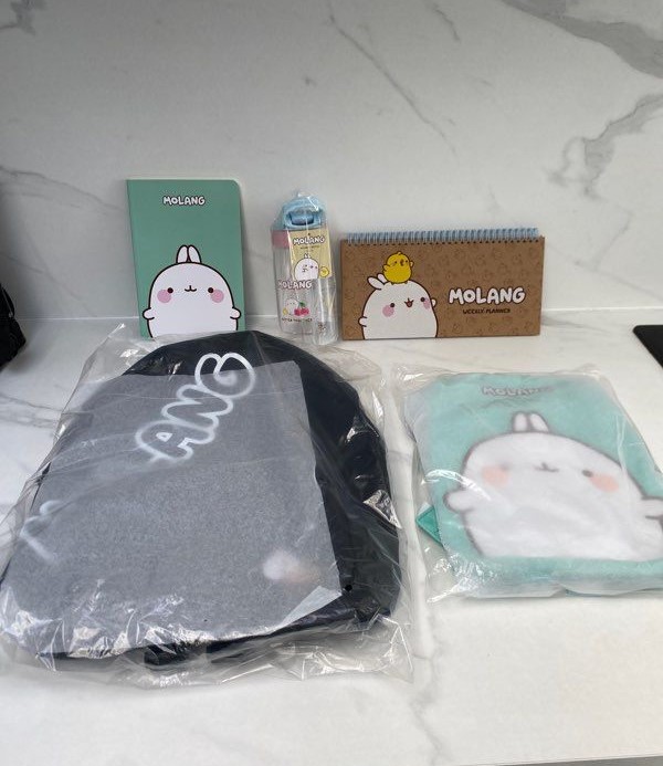 Lots Molang composés d'un sac à dos maternelle Molang Kids, d'un sac à dos Molang Black, d'une gourde Molang 520 ML, d'un planner Molang et d'un carnet A5 Molang (118€).